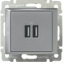 Розетка USB тип A+A без рамки Legrand Valena 2-м. 1500мА алюминий картинка